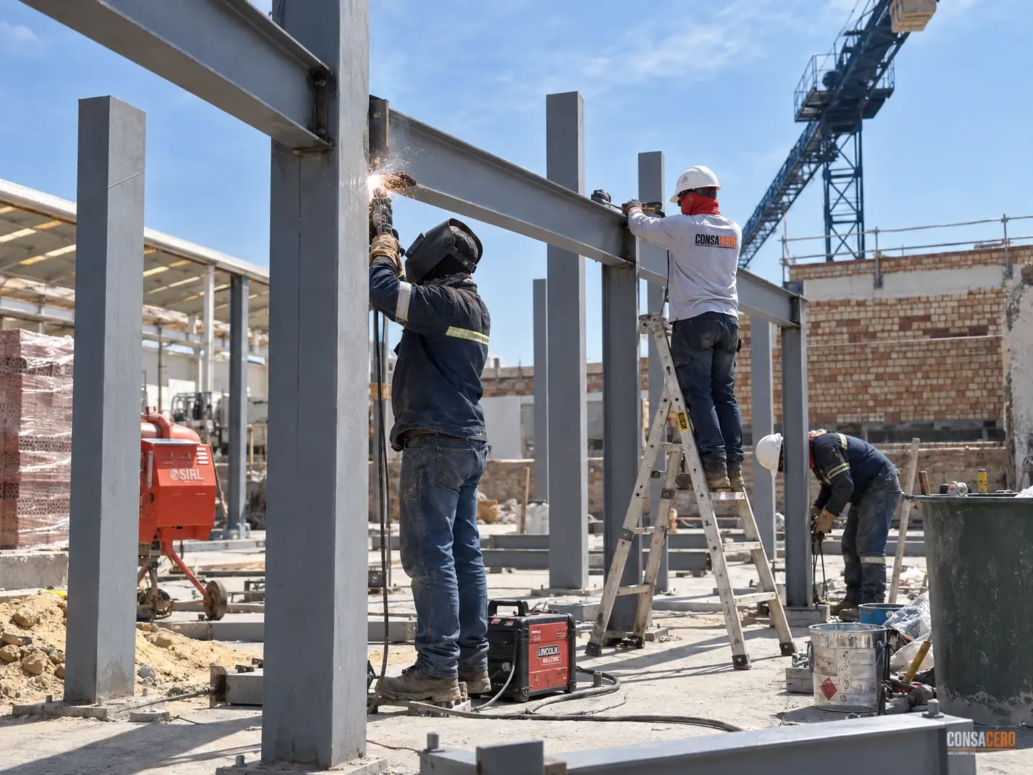 Operarios soldando y montando una estructura metálica en obra